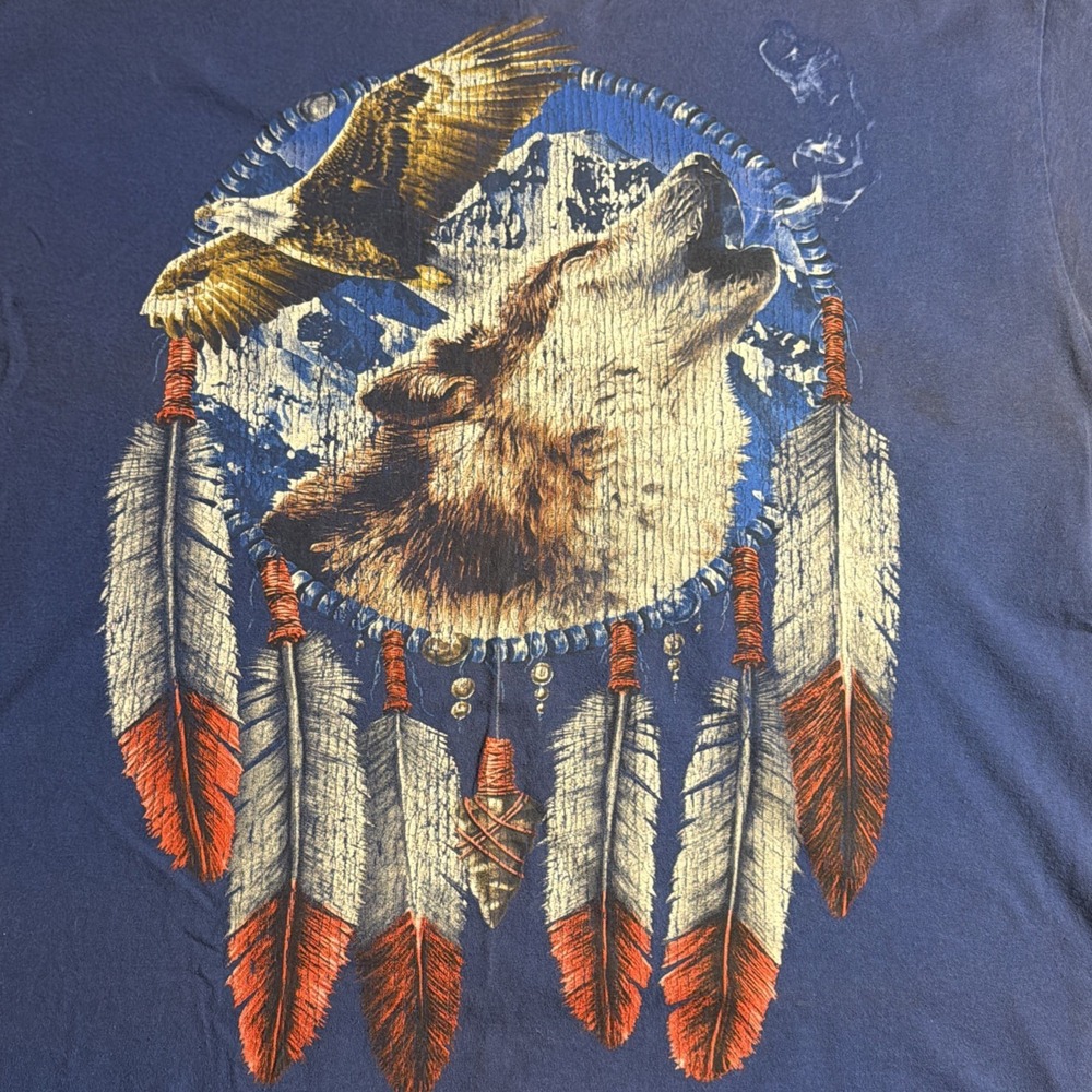 Vintage Wolf Dreamcatcher Eagle Graphic T Shirt XL‎ Navy Y2K Nature Wildlife Tee